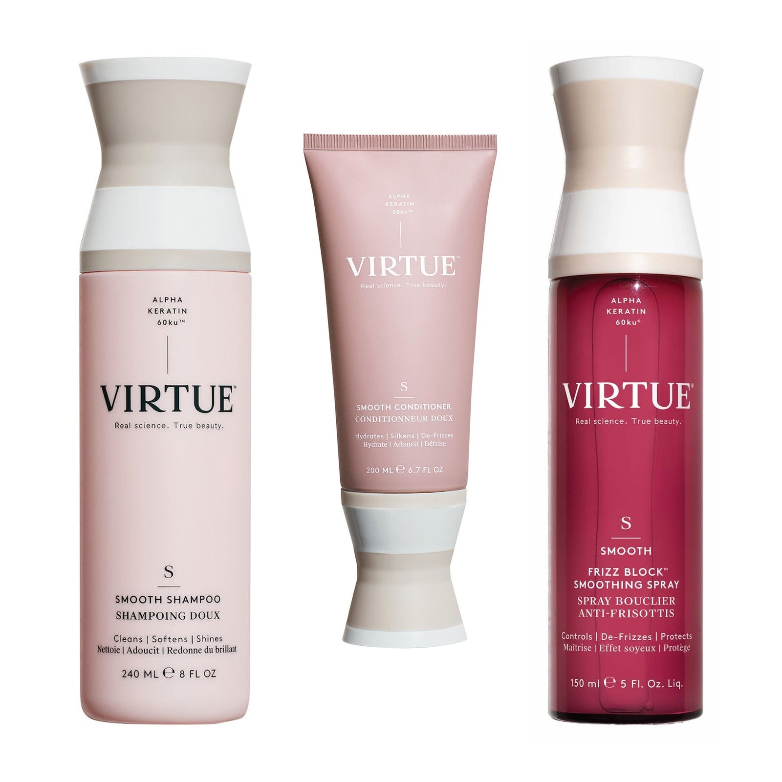 Virtue Smooth Shampoo, Conditioner + Frizz Block Smoothing Spray