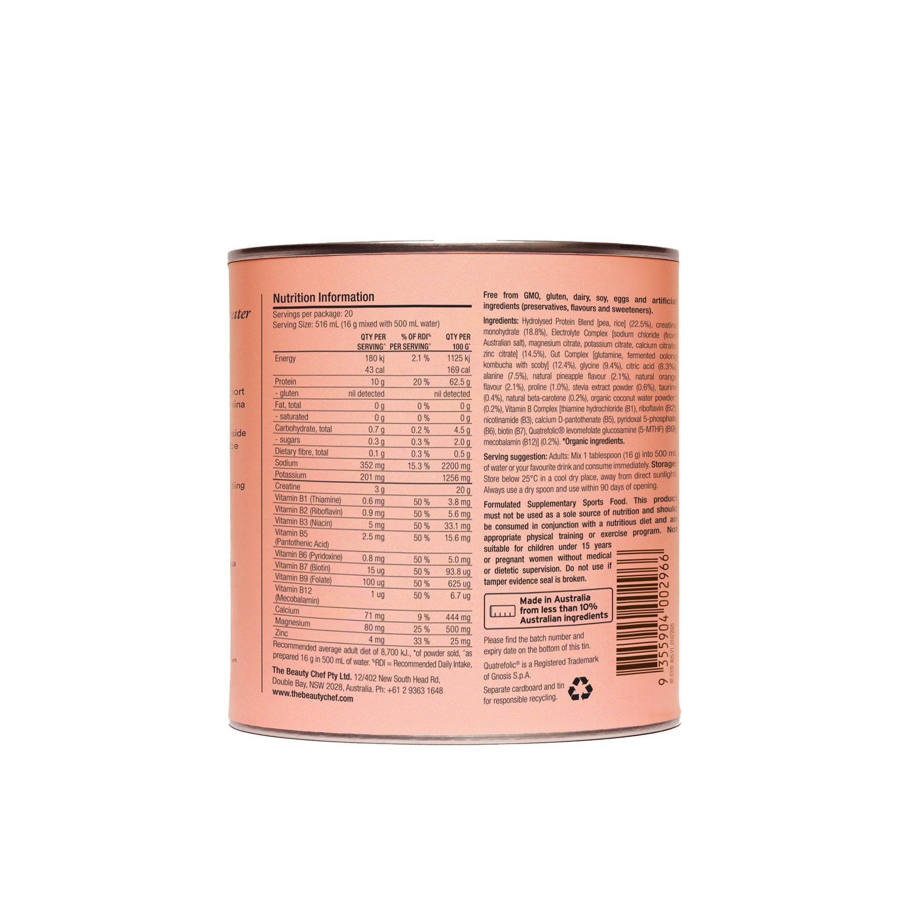 The Beauty Chef Body Electric - Tropical 300g - back of pack with nutrition panel