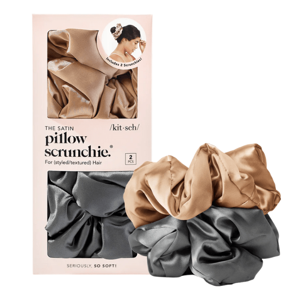 Kitsch Kitsch Satin Pillow Scrunchies 2pc Set - Charcoal & Gold Hair Care