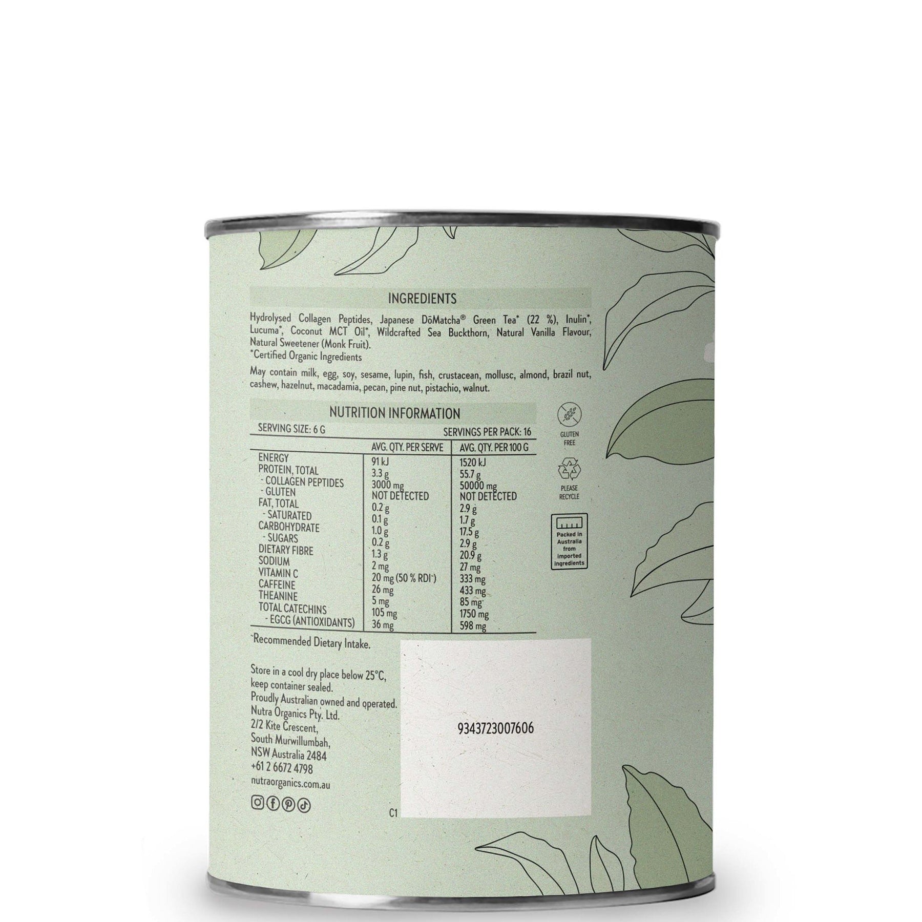 Nutra Organics Nutra Organics Collagen Matcha Latte Powder 100g Wellness